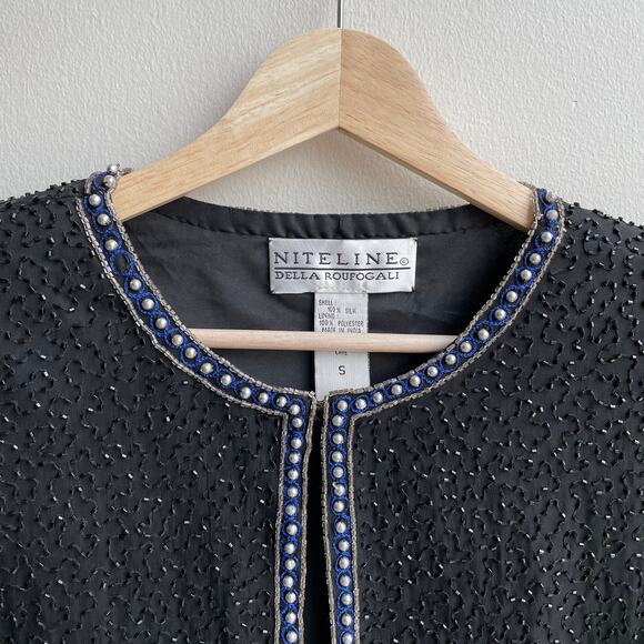 90s Vintage Beaded 100% Silk Evening Jacket Size S Black Blue Party Glam - Picture 7 of 15